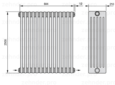 Схема (чертеж) Радиатор Zehnder Charleston 6250/14 №2670 Белый глянцевый RAL 9016